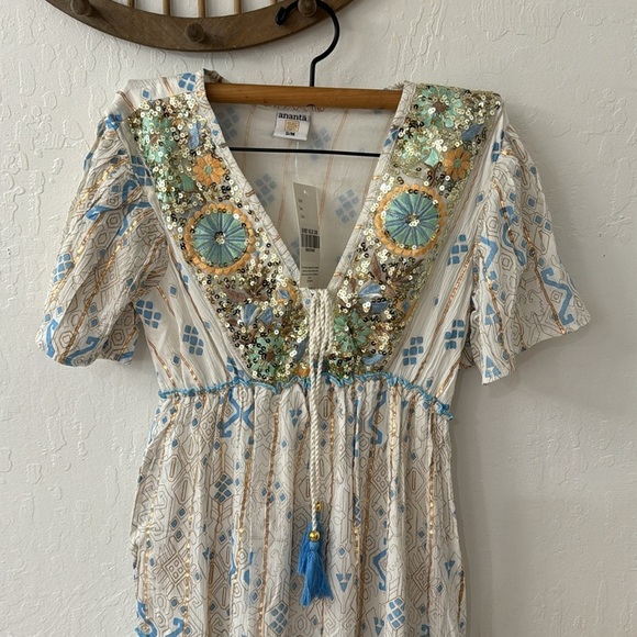 Boho Blue Gold Orange Metallic Sequin V Neck Tassel Made in India Tiered Dress - Picture 3 of 8